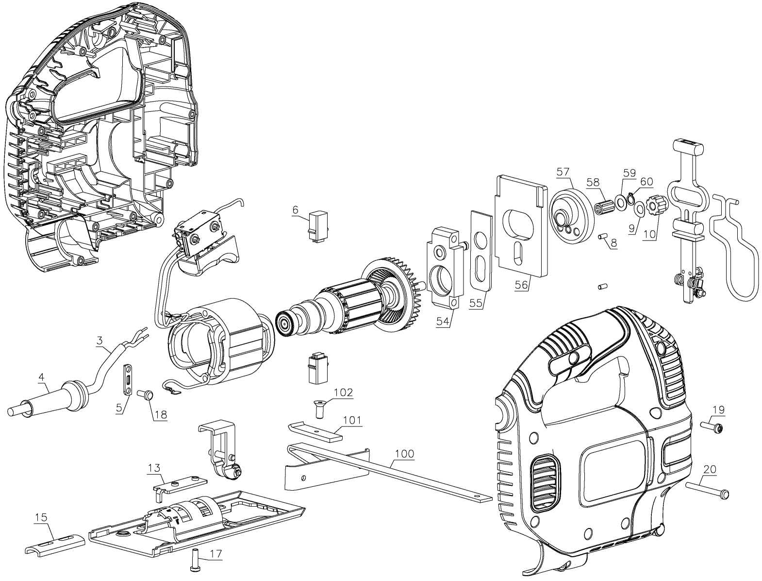 Default Diagram and Parts List for BDEJS300C Type 1 Black and Decker Jig Saw
